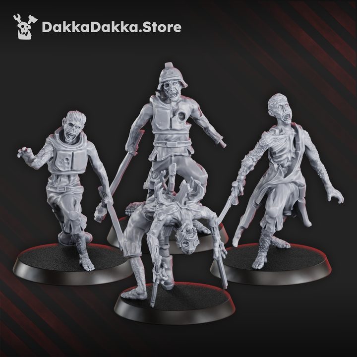 Four zombie miniatures including a leaping armoured figure stomping a spider-crawling undead, flanked by two shambling plague warriors.