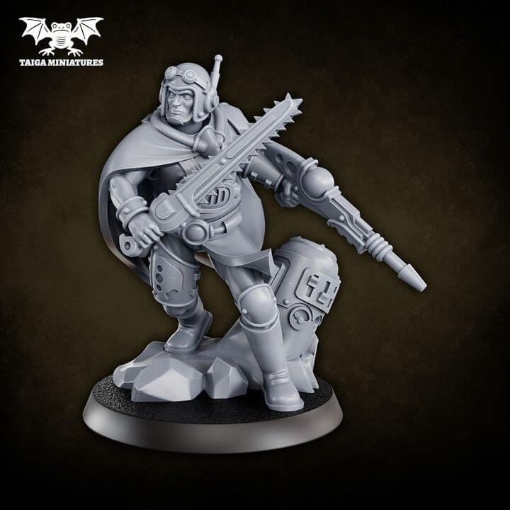 WarpLand miniature Technocrat resin model, 31mm scale armoured scholar kneeling with chainblade and energy weapon over a fallen automaton base, 5 parts, by Taiga Miniatures