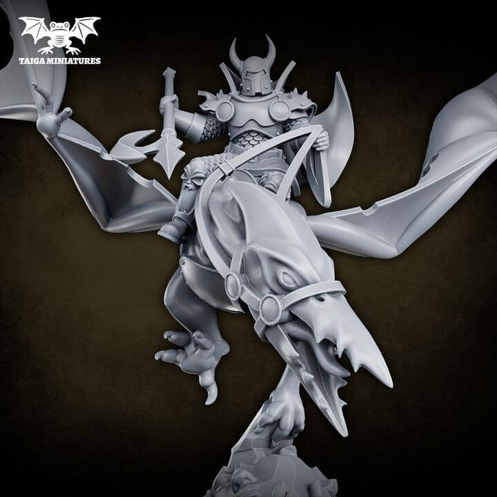 WarpLand miniature The Watchers x2 winged daemon warrior resin kit by Taiga Miniatures, 31mm scale, shown assembled in grey resin from multiple angles and painted in purple and teal
