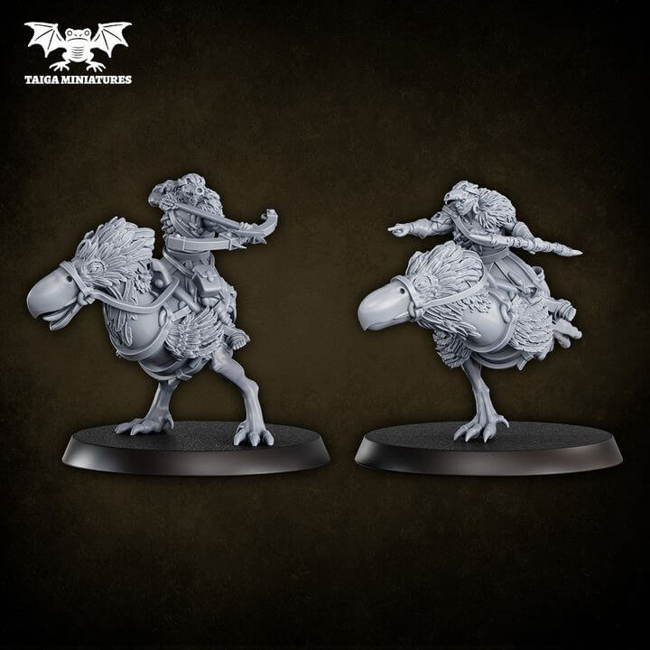WarpLand miniature Skull Riders x2 resin models by Taiga Miniatures, depicting mounted raiders on feathered beasts with crossbows, shown primed grey and painted in purple, 51mm tall