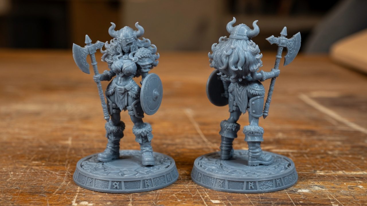 Two grey resin miniatures front and rear views, standard and chibi scale variants on runic bases