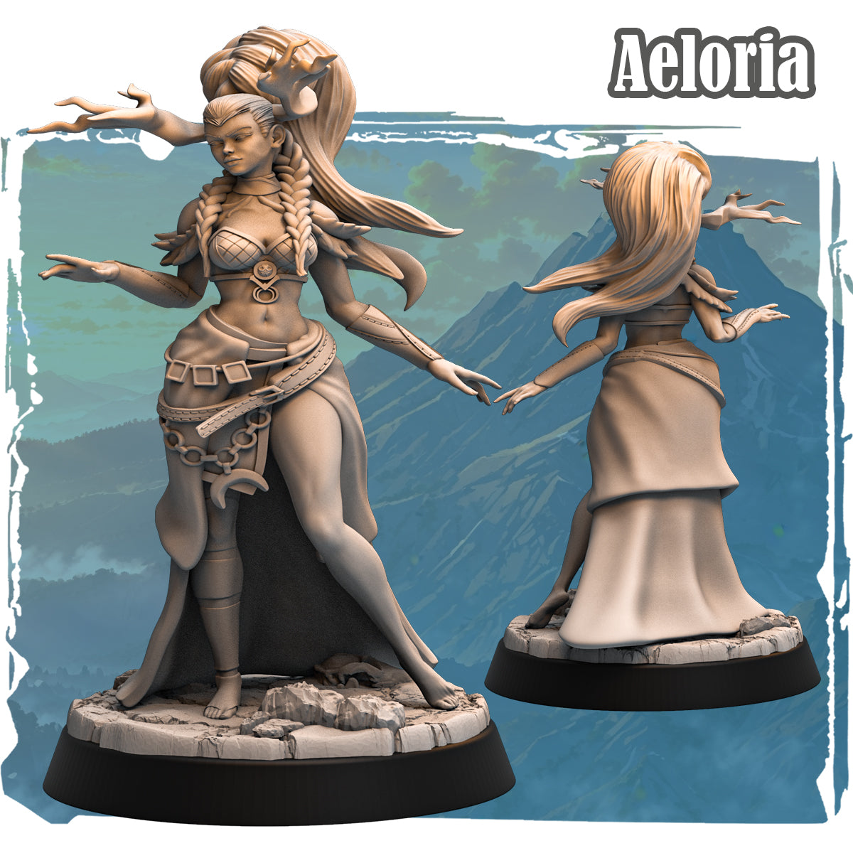 Forgotten Champions Aeloria the Rooted Human Shaman 32mm resin miniature front and rear view showing braided hair antler growths ritual markings and chain belt sculpted by Haito