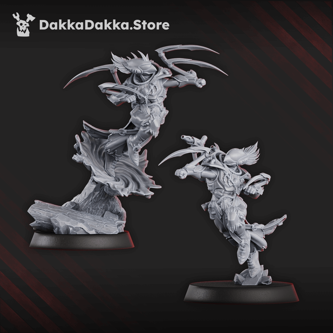 Nine gothic sci-fi space elf warriors in flowing robes and armour, some leaping from warp currents, armed with energy weapons and wrist blades.