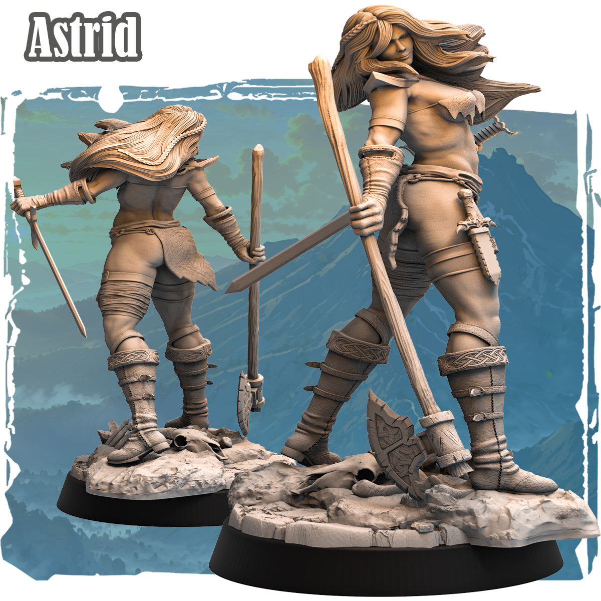 Forgotten Champions Astrid Stormcaller Human Barbarian 32mm resin miniature front and rear view showing war axe poleaxe and Celtic knotwork greaves