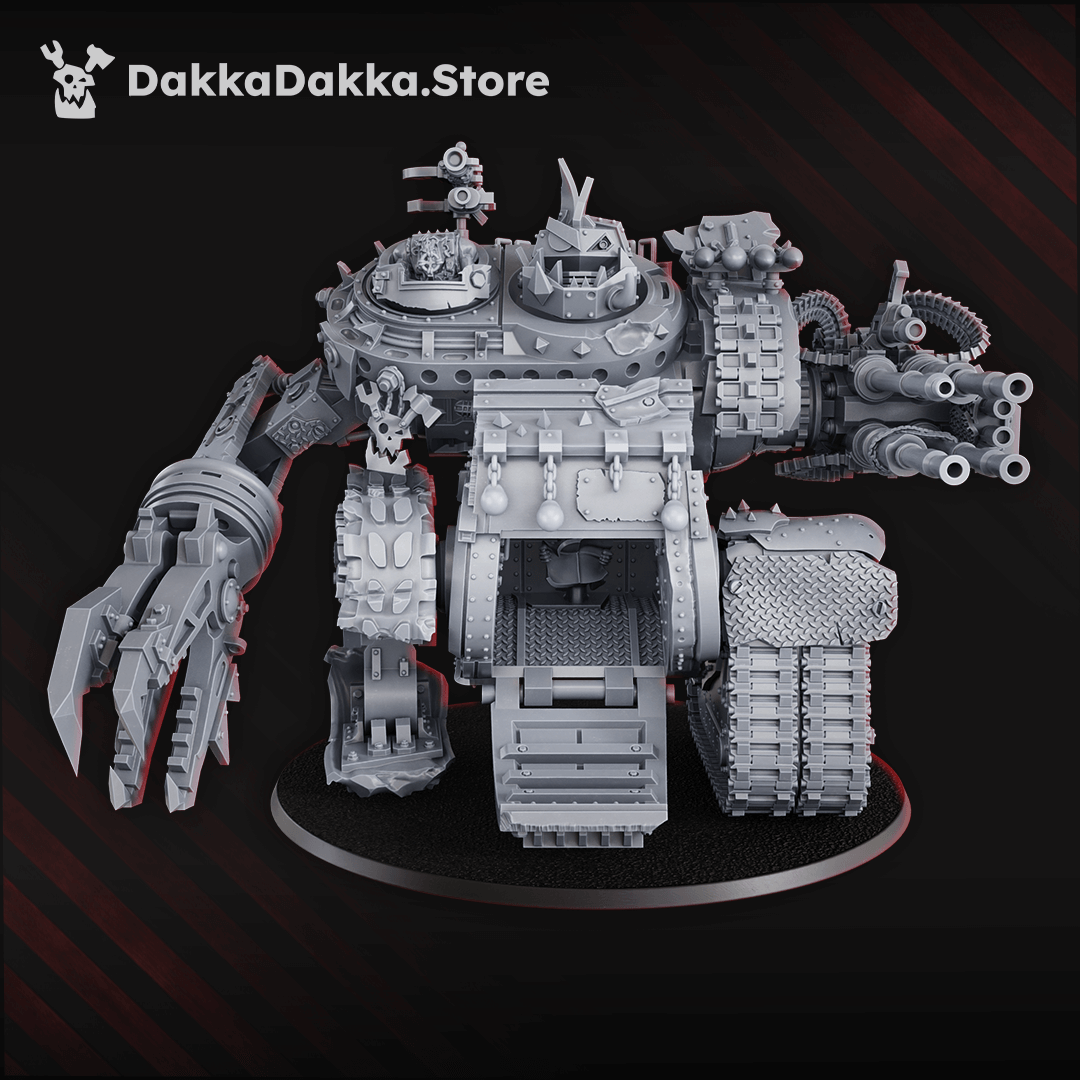 Greenskin war machine with heavy cannons, power claw, and armoured plating, standing 170mm tall with interchangeable weapon options and rotating turret sections.