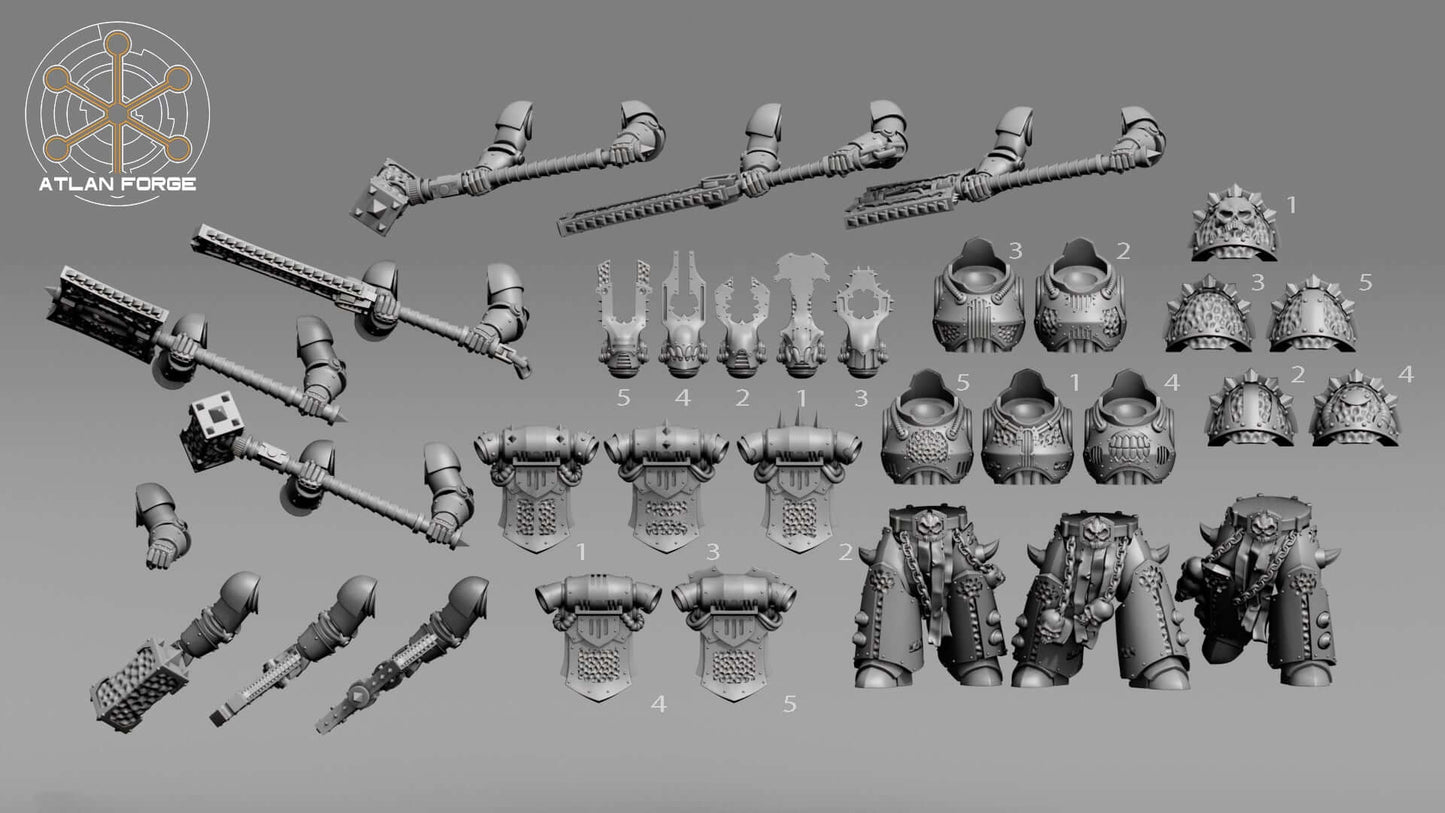 Hades Demented Squad miniatures parts including weapons, armor, and helmets, ideal for sci-fi wargaming.
