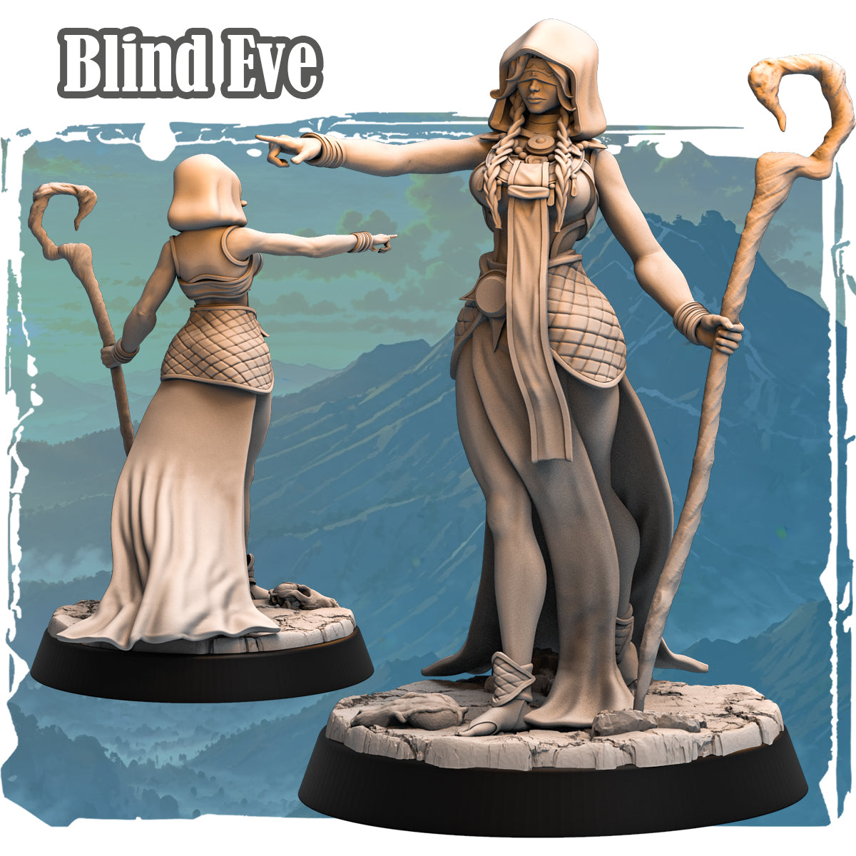 Forgotten Champions Blind Eve Human Oracle 35mm resin miniature front and back view showing blindfolded seer with staff and pointing gesture