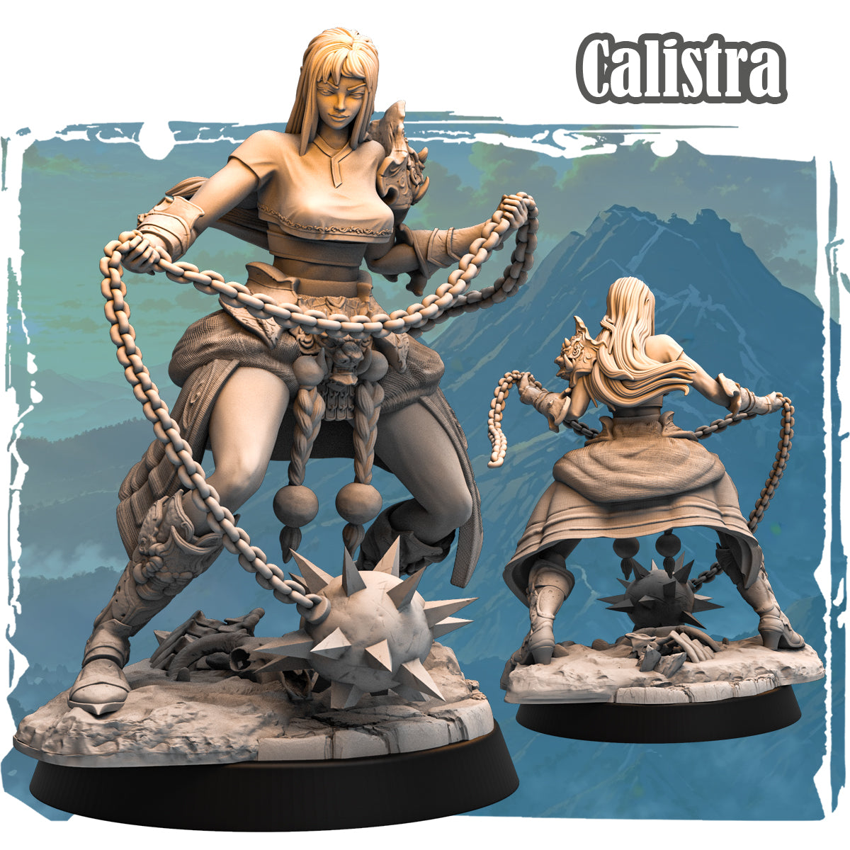 Forgotten Champions Calistra Human Fighter 32mm resin miniature wielding a chain flail and spiked ball, front and rear view, unpainted