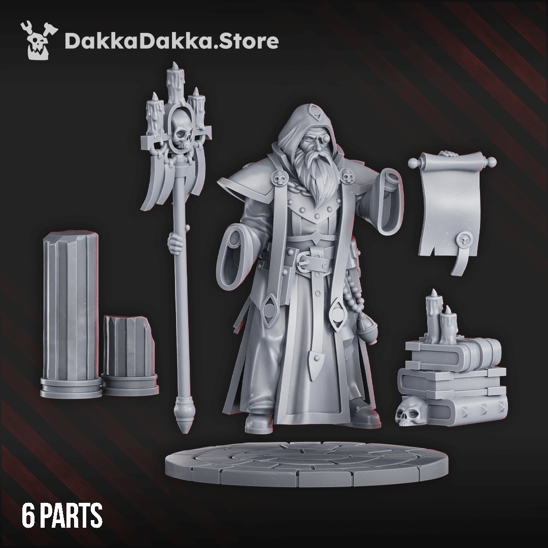 Steel Union cleric miniature holding a scroll and staff topped with candles and a skull, standing on a circular base with books and relics at his feet.