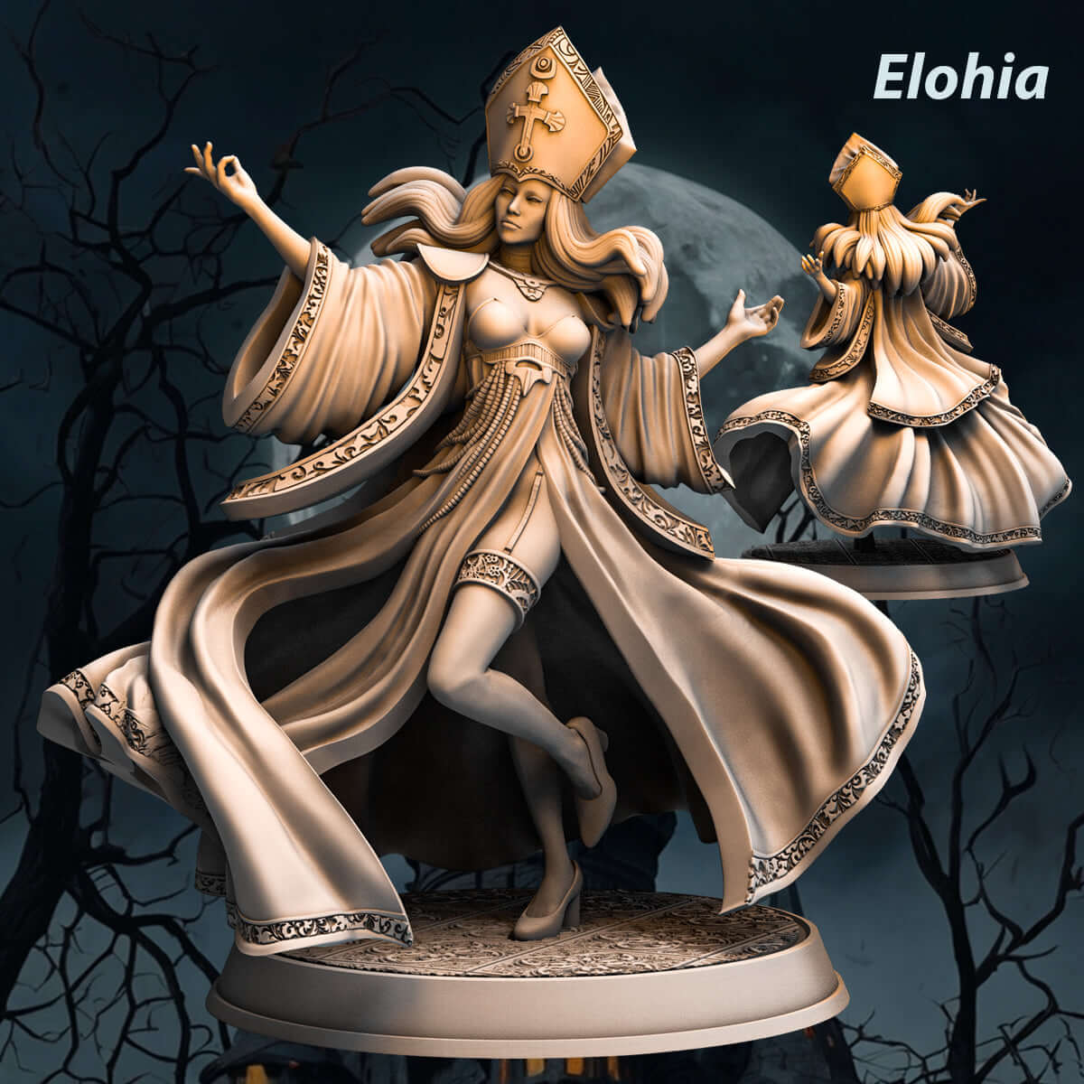 75mm fantasy pinup figurine of Elohia, showcasing elegance with ceremonial robes and a striking pose.