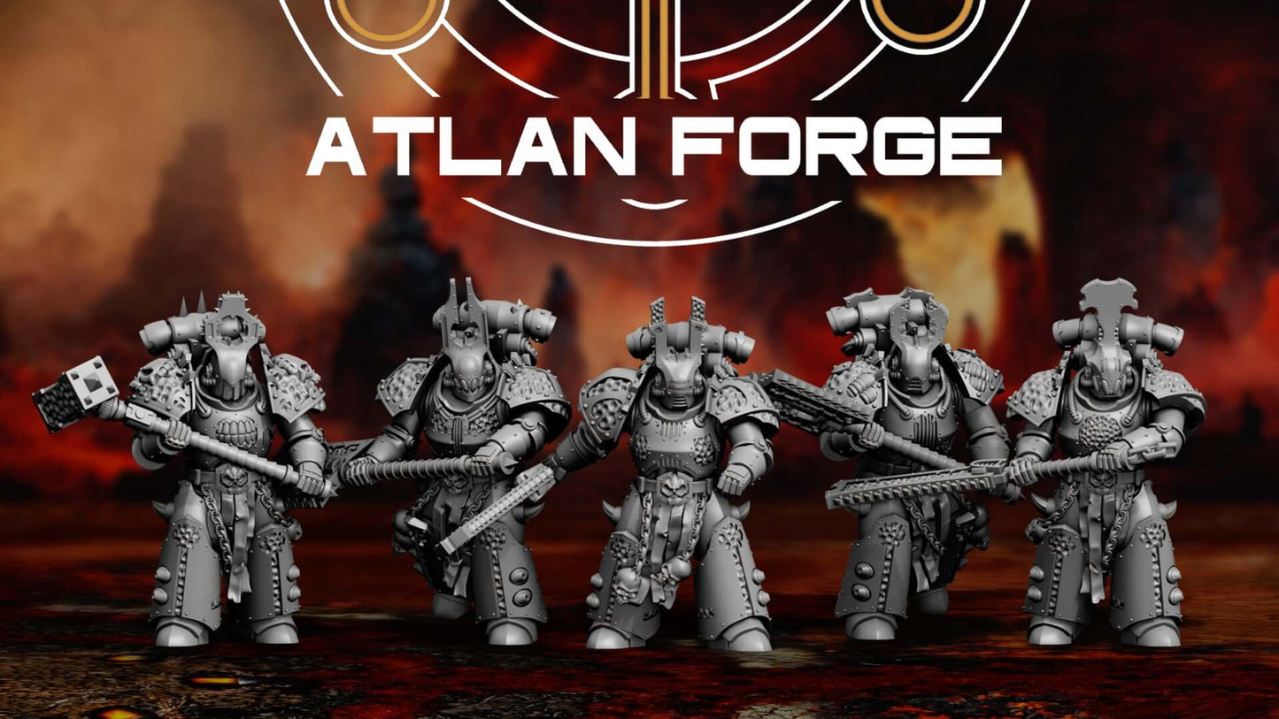 Hades Demented Squad miniatures by Atlan Forge, five sci-fi wargaming figures on 40mm bases in grey resin.