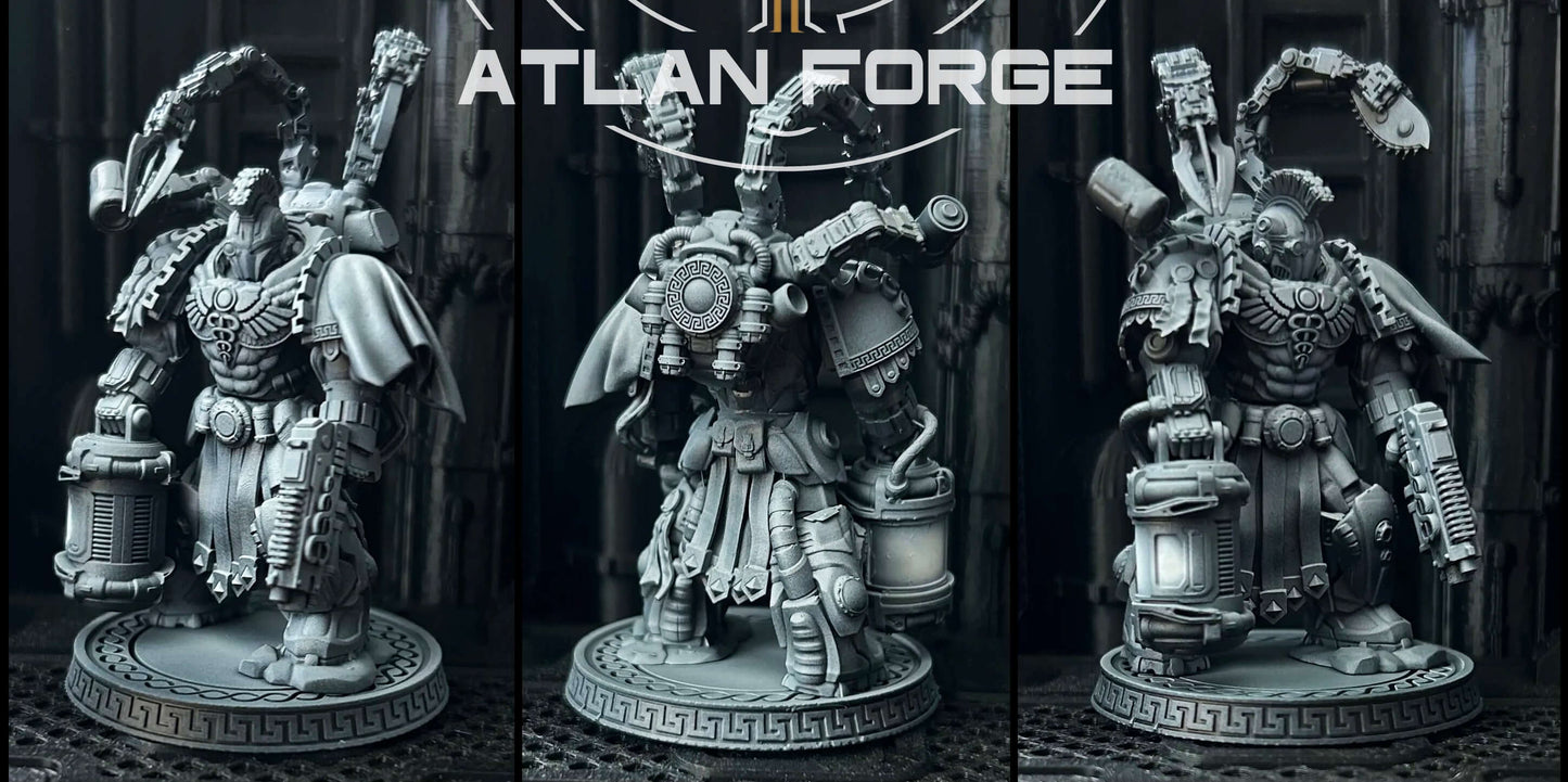 Minoan Aegis Therapeuo sci-fi miniature model in grey resin, ideal for tabletop wargaming, featuring ornate details.