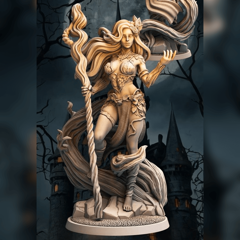 75mm fantasy pinup figurine of Iselyn in leaf-like armor with a staff, embodying nature's magic.