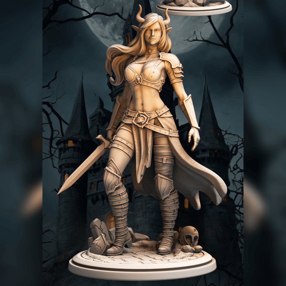 75mm fantasy pinup figurine Kavess as a warrior woman with sword and elegant armor, posed in front of a castle backdrop.
