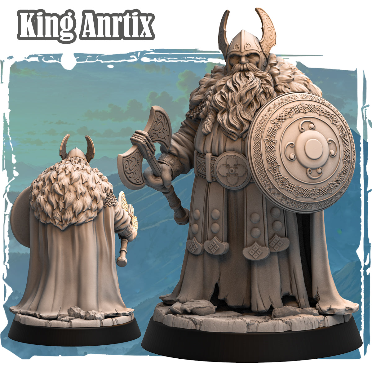 Forgotten Champions King Anrtix Dwarf Fighter resin miniature with horned helm, double-headed axe, and Celtic knotwork shield, front and rear view