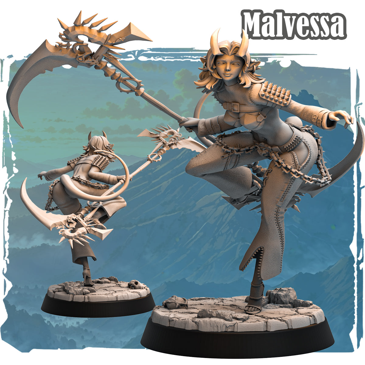 Forgotten Champions Malvessa Hornbound Tiefling Fighter 75mm resin miniature by Haito, dual polearm pose with chain leg wraps and spiked armour, front and rear view