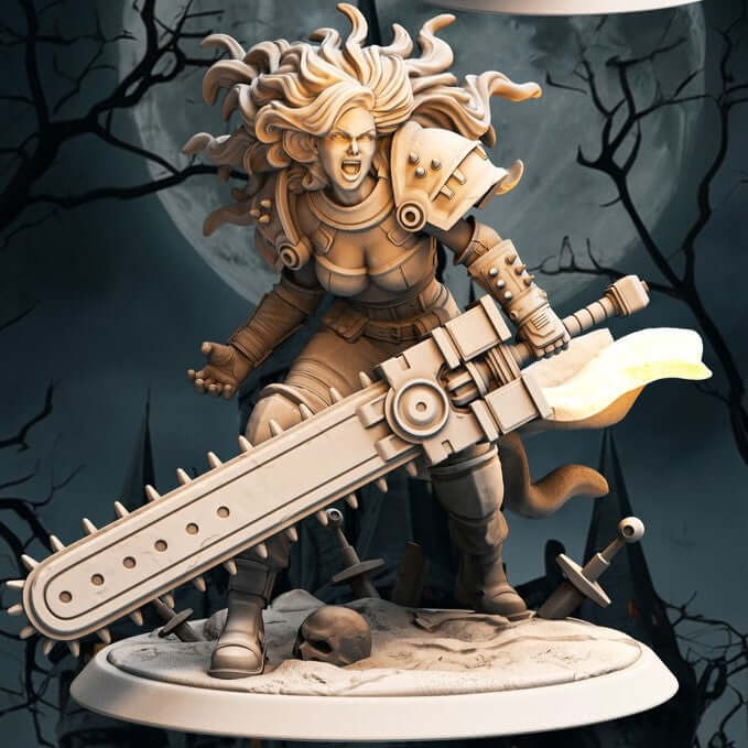 75mm fantasy pinup figurine Morrika wielding a chain sword with fierce expression in a sci-fi battle scene.