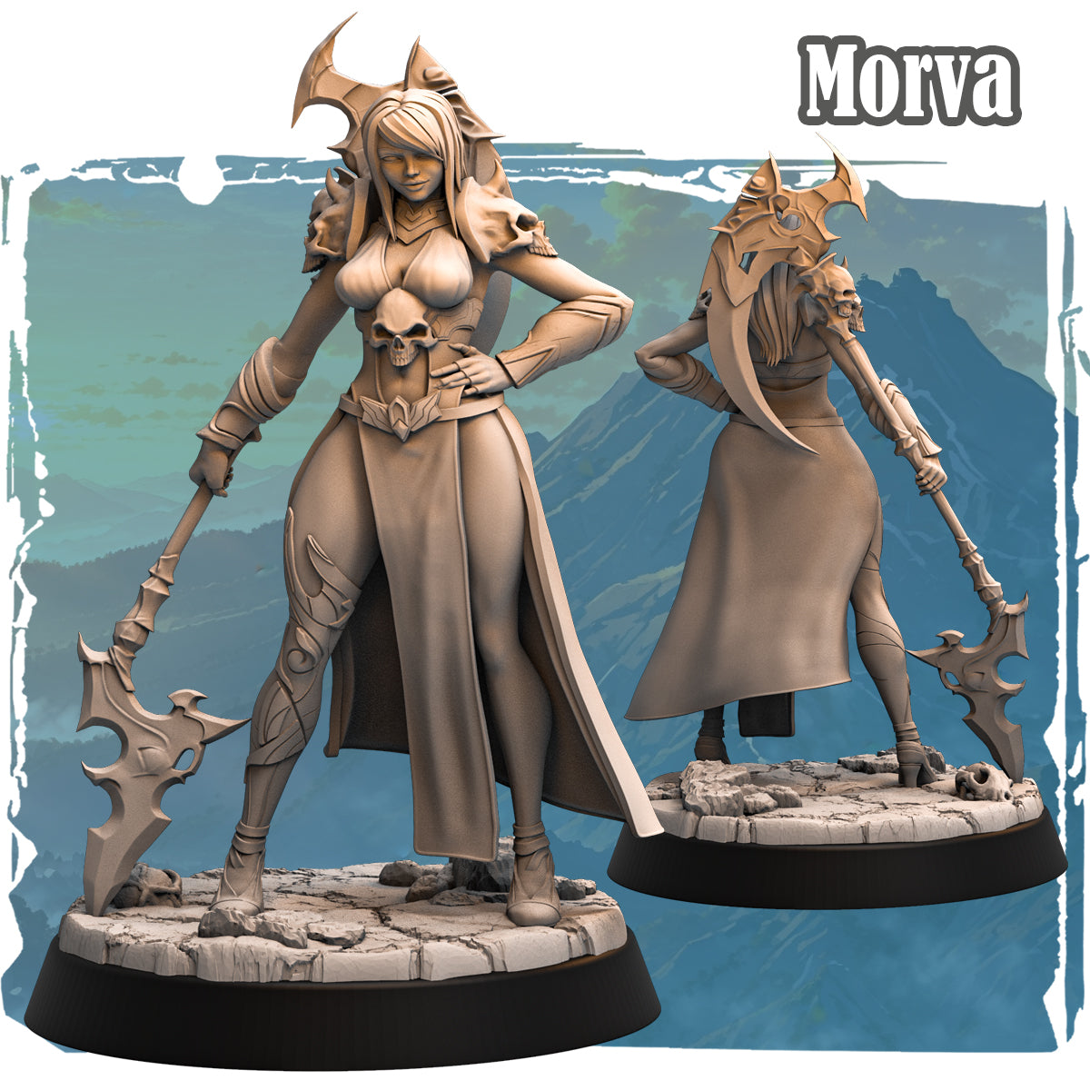 Forgotten Champions Morva Magic User 32mm resin miniature front and back view showing horned cowl, skull details, flowing robes and large jagged axe sculpted by Haito