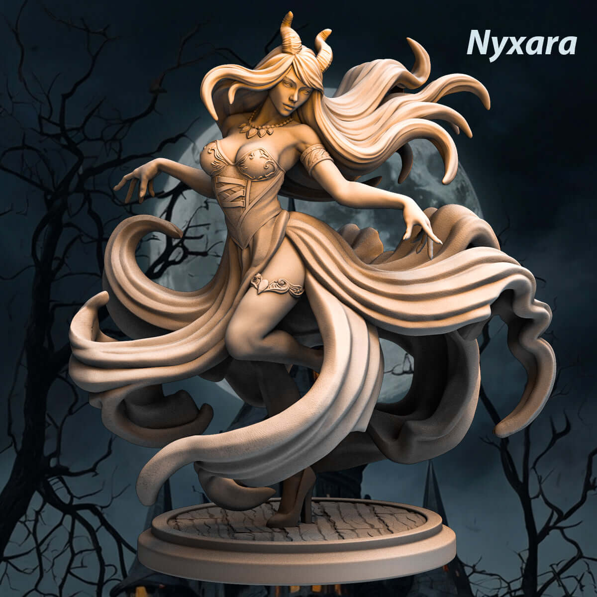 75mm fantasy pinup figurine Nyxara in dynamic pose, showcasing elegance and dark allure with flowing gown and horns.