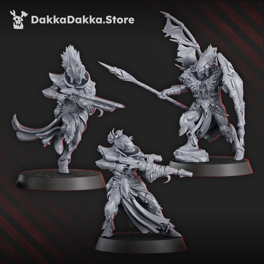 Gothic Sci-Fi Space Elf Warriors models, 31mm from feet to eyes, showcasing 6 detailed figures.