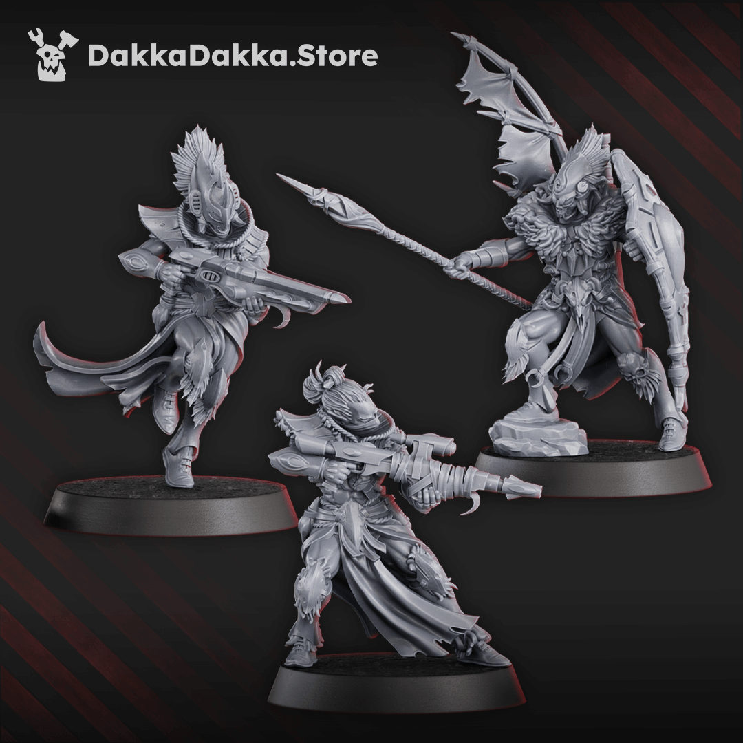 Gothic Sci-Fi Space Elf Warriors models, 31mm from feet to eyes, showcasing 6 detailed figures.