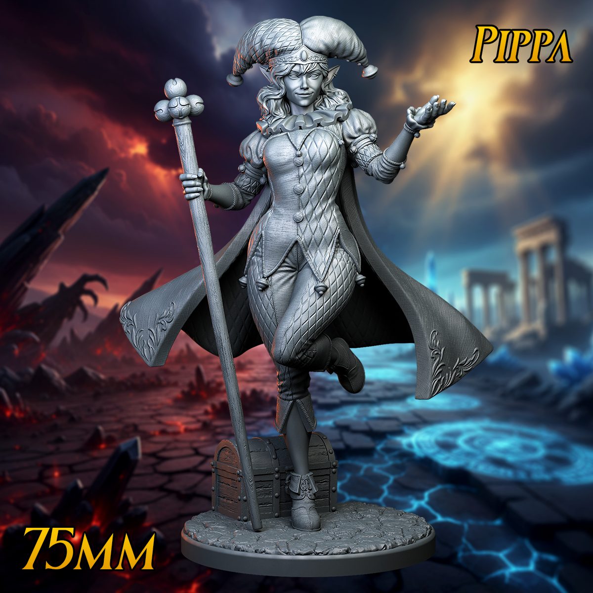 Pippa 75mm resin jester miniature by Print Fantasy, front view showing quilted costume, staff, cloak and treasure chest base