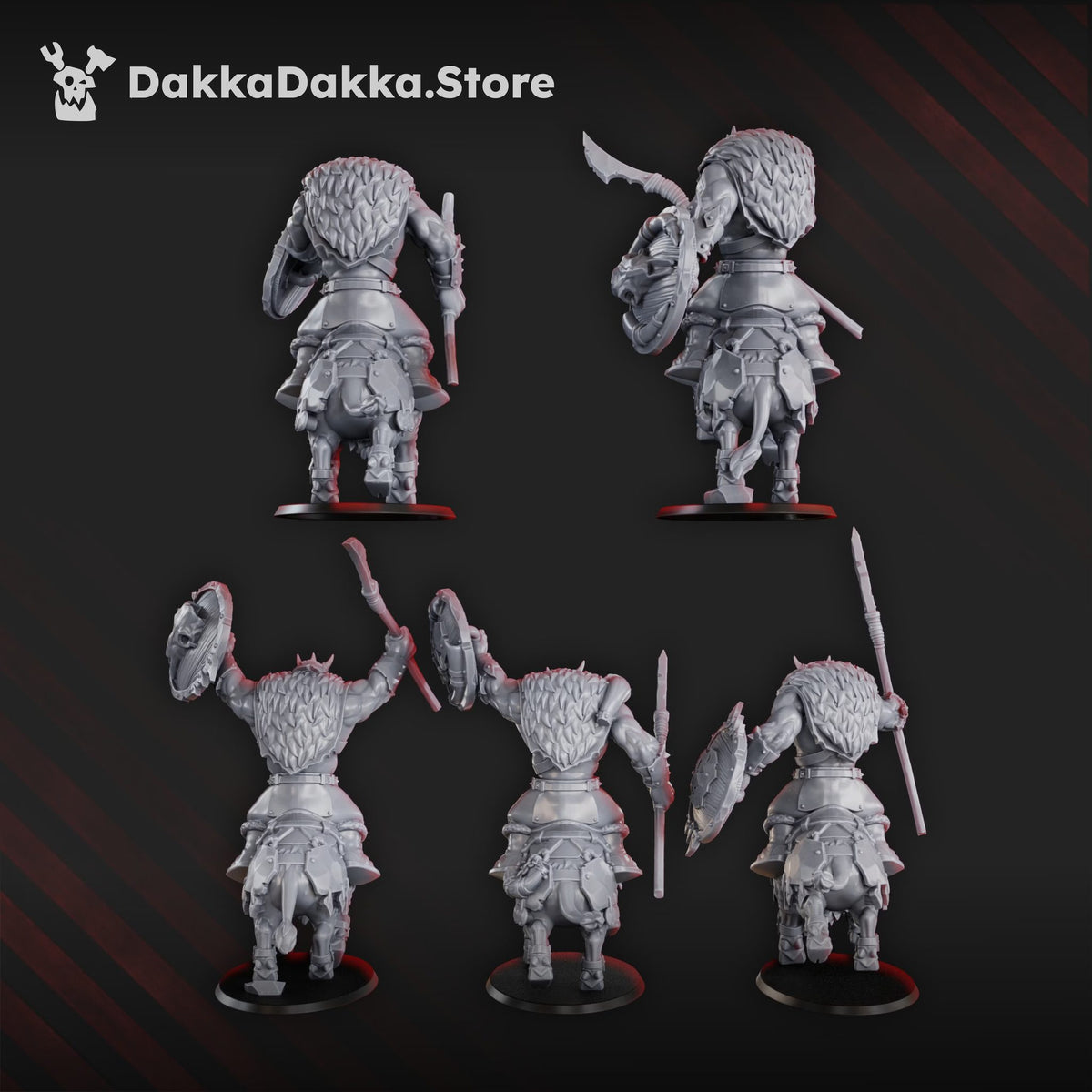 Rear and three-quarter views of the two infantry Porkaz Riderz showing fur cloaks, shield backs, and armour detail