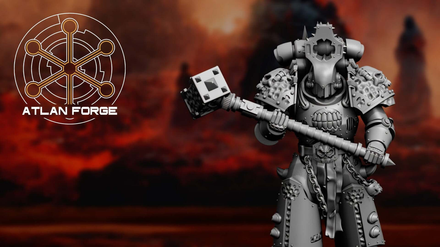 Hades Demented squad miniature from Atlan Forge, featuring a heavily armored figure with a striking hammer, set in a dramatic backdrop.