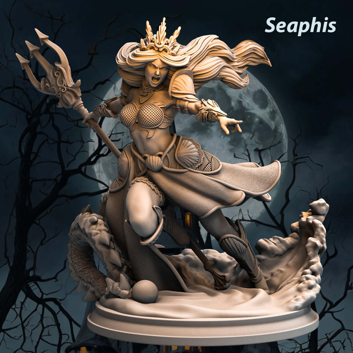 75mm fantasy pinup figurine Seaphis rising from waves with trident, commanding presence and fierce expression.