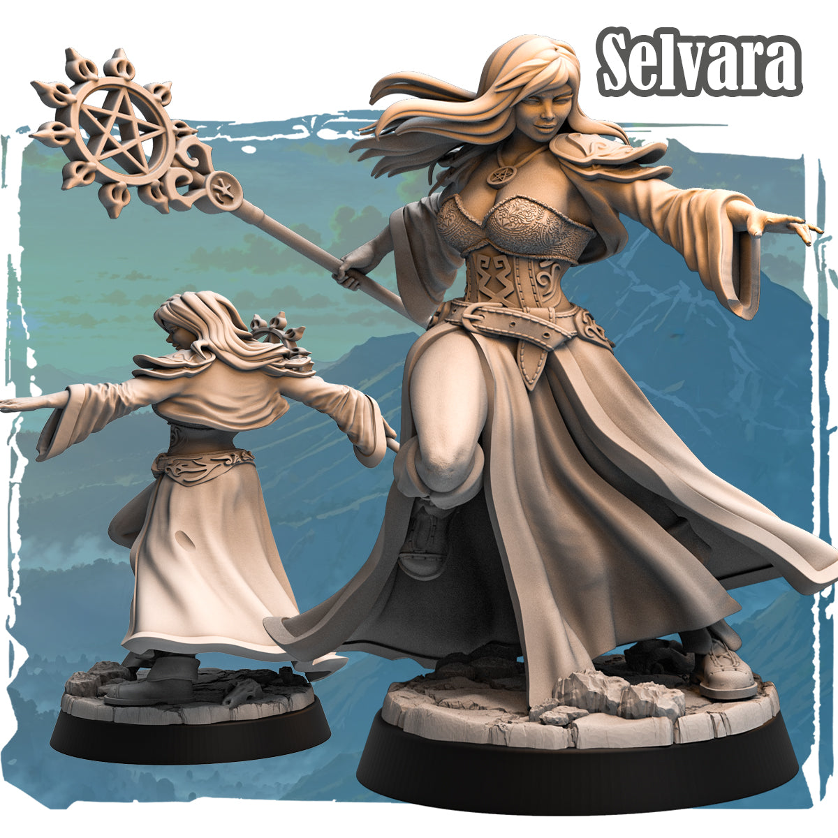 Forgotten Champions miniature Selvara Human Mage holding a pentagram staff with flowing robes and corset armour, front and rear views