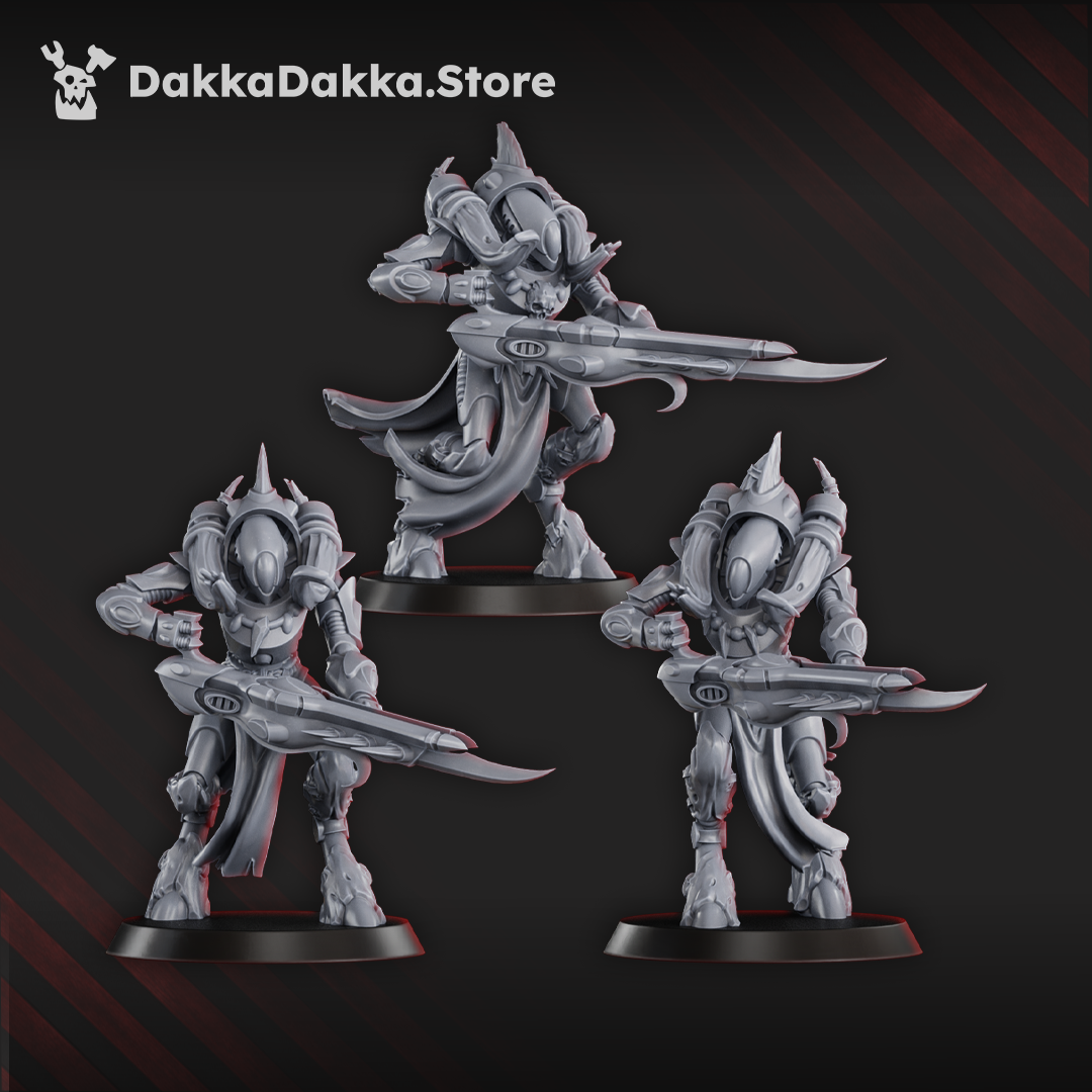 Ten gothic sci-fi space elf warriors in smooth armour with energy rifles and blades, standing ready for battle on dark bases.