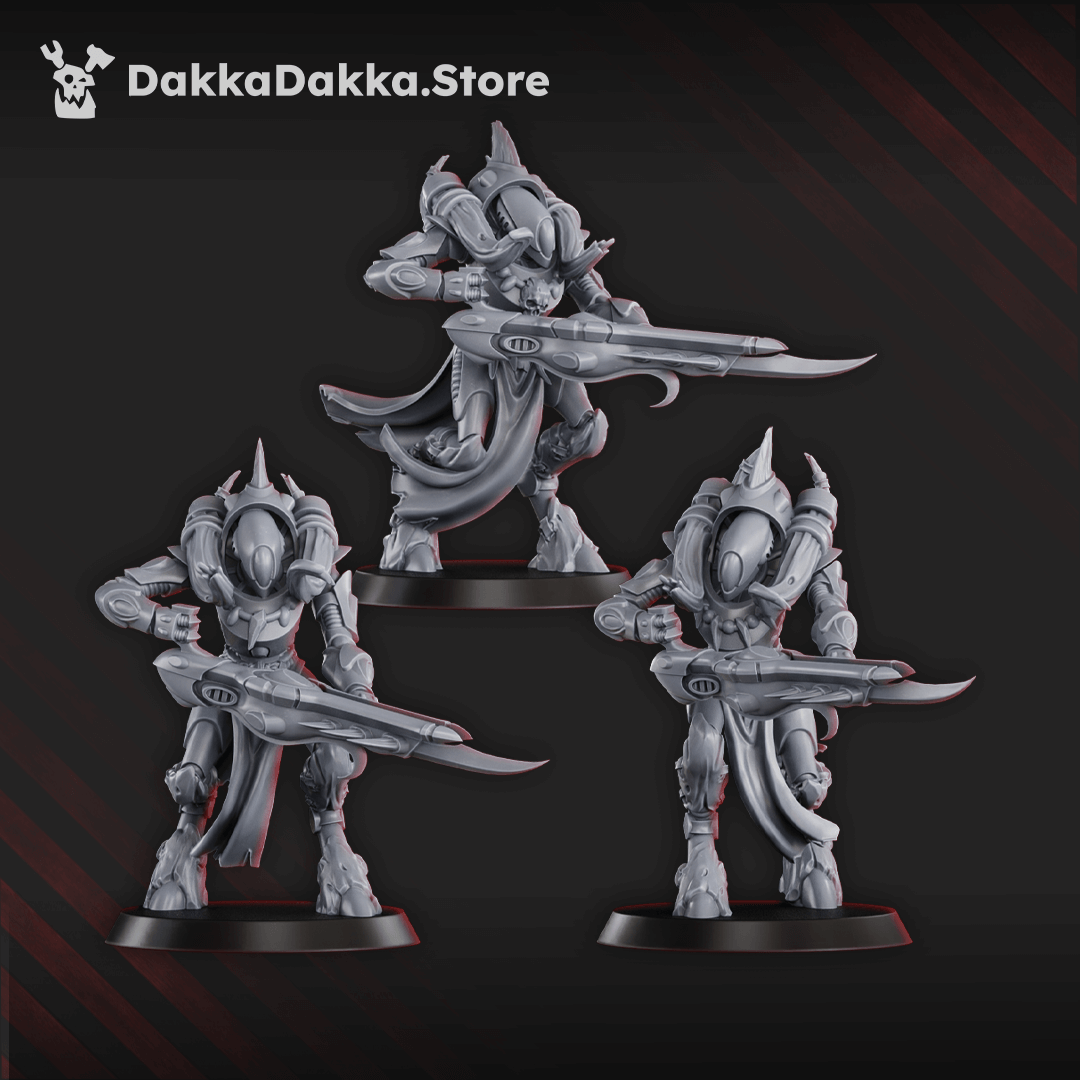 Ten gothic sci-fi space elf warriors in smooth armour with energy rifles and blades, standing ready for battle on dark bases.