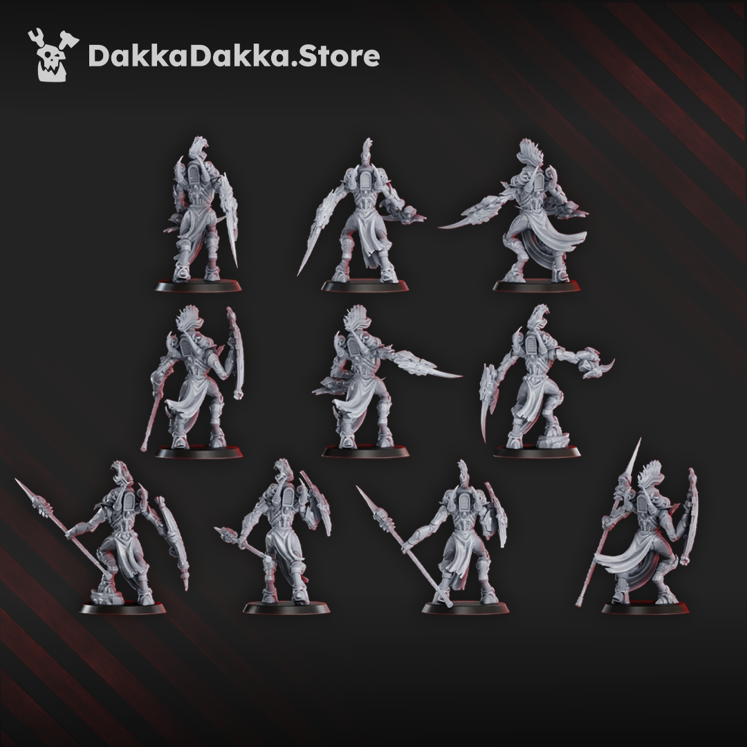 Gothic sci-fi space elf warriors in heavy armour with bladed weapons, adorned with pelts, teeth, and bone, ready for close combat.