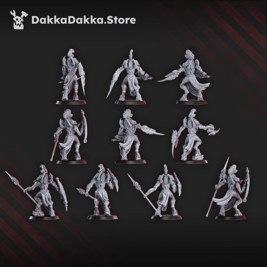 Gothic sci-fi space elf warriors in heavy armour with bladed weapons, adorned with pelts, teeth, and bone, ready for close combat.