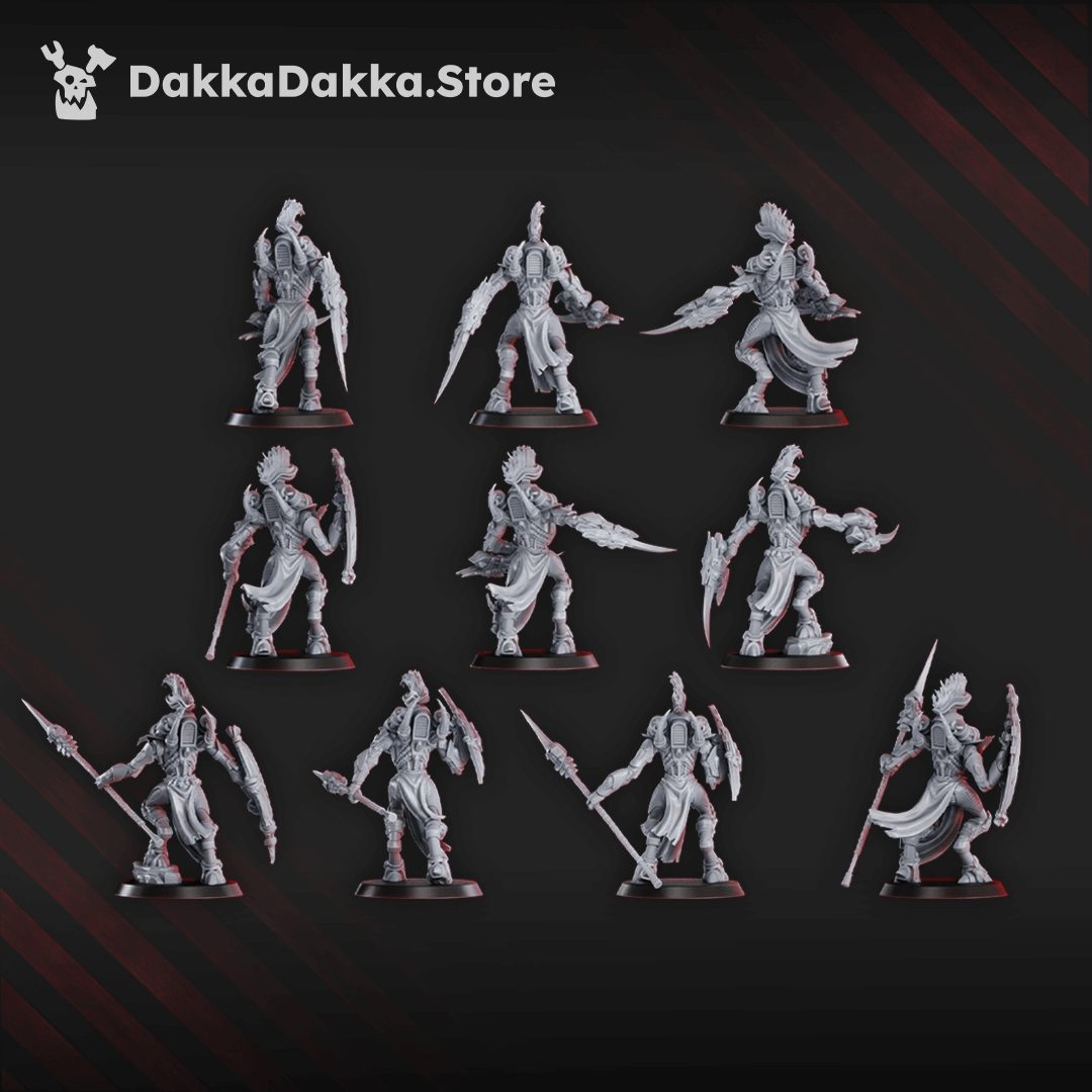 Ten Spacelair Fighter miniatures showing alternate poses and rear detail, flowing robes and feathered crests, side and back angles