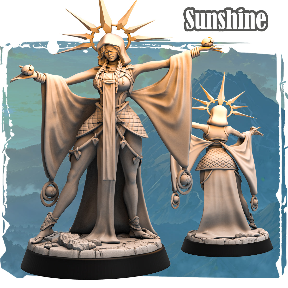 Forgotten Champions Sunshine Sun Priest miniature front and back view, blindfolded female figure with solar crown and flowing robes, 32mm scale