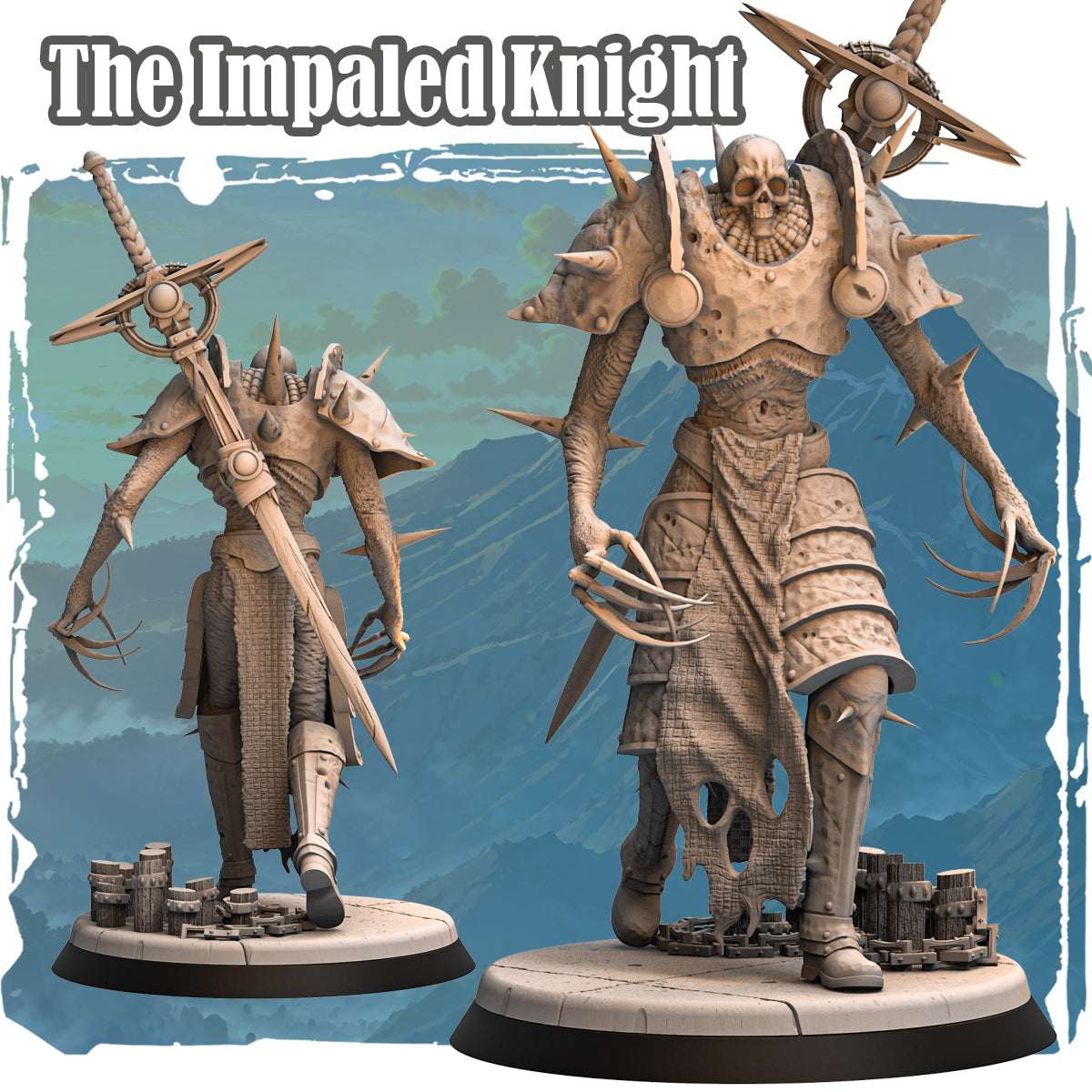 Forgotten Champions The Impaled Knight undead monster miniature with impaled blade and skull armour, front and rear views on detailed rubble base