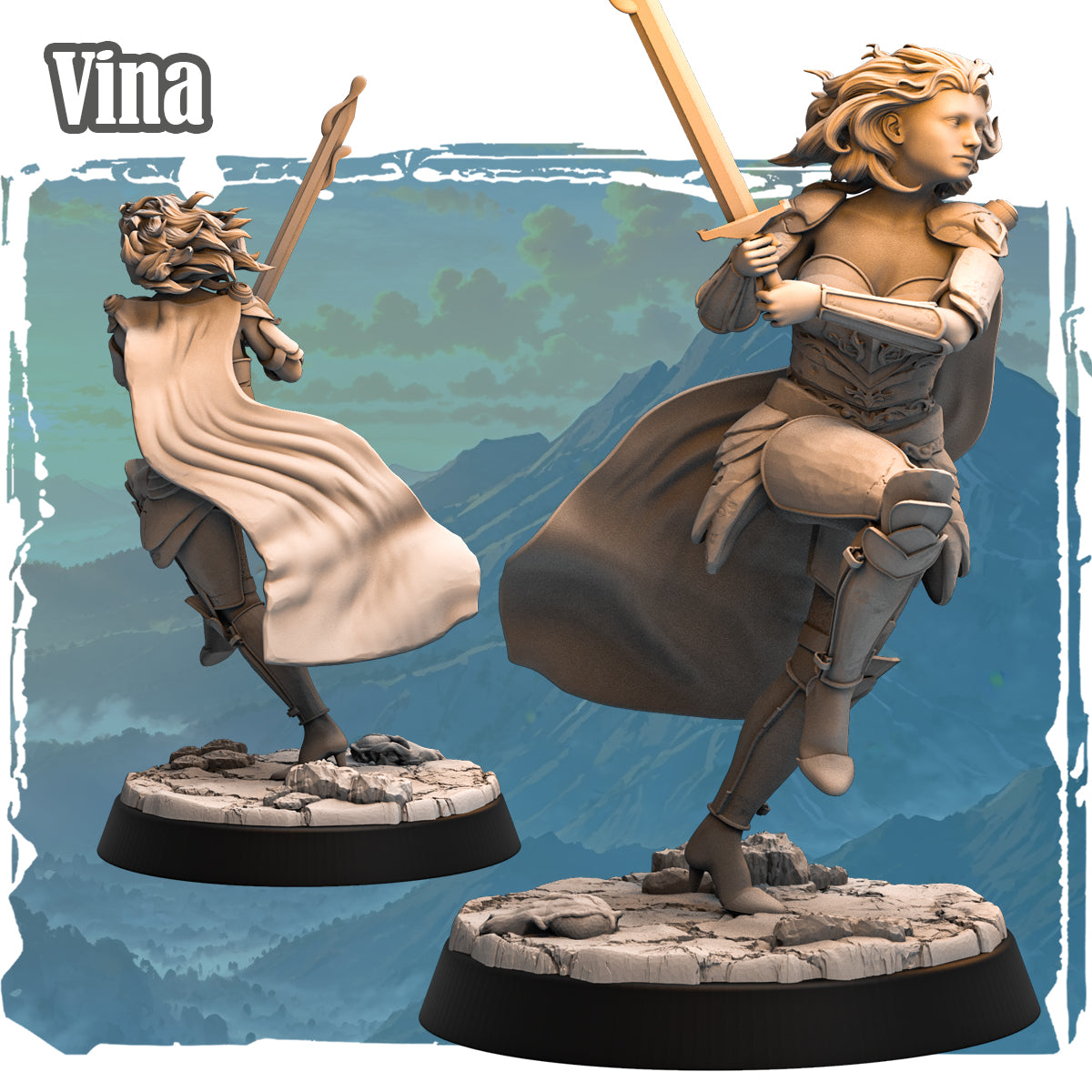 Forgotten Champions miniature Vina Human Fighter wielding sword with flowing cape, shown from front and rear angles on rocky scenic base