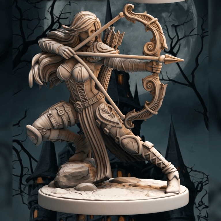 75mm fantasy pinup figurine Zariel posed in a dynamic firing stance, bow drawn, showcasing intricate details.