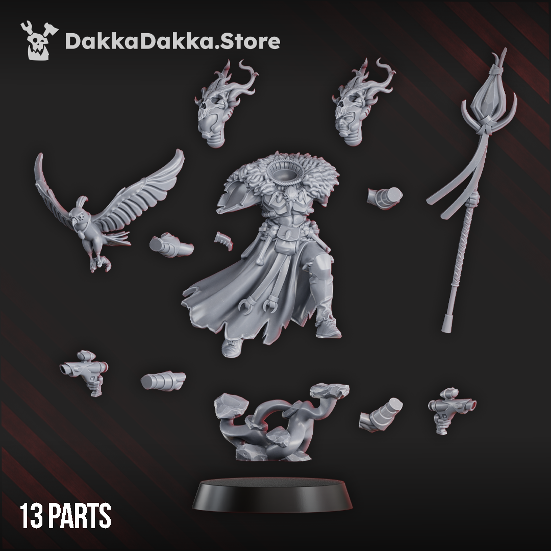Gothic Sci-Fi Space Elf Warlock Zenu the Spirit Holder model with eagle and staff, 31mm from feet to eyes.