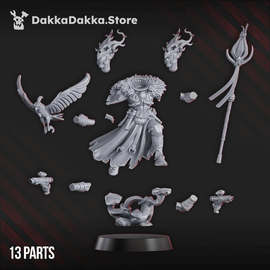 Gothic Sci-Fi Space Elf Warlock Zenu the Spirit Holder model with eagle and staff, 31mm from feet to eyes.