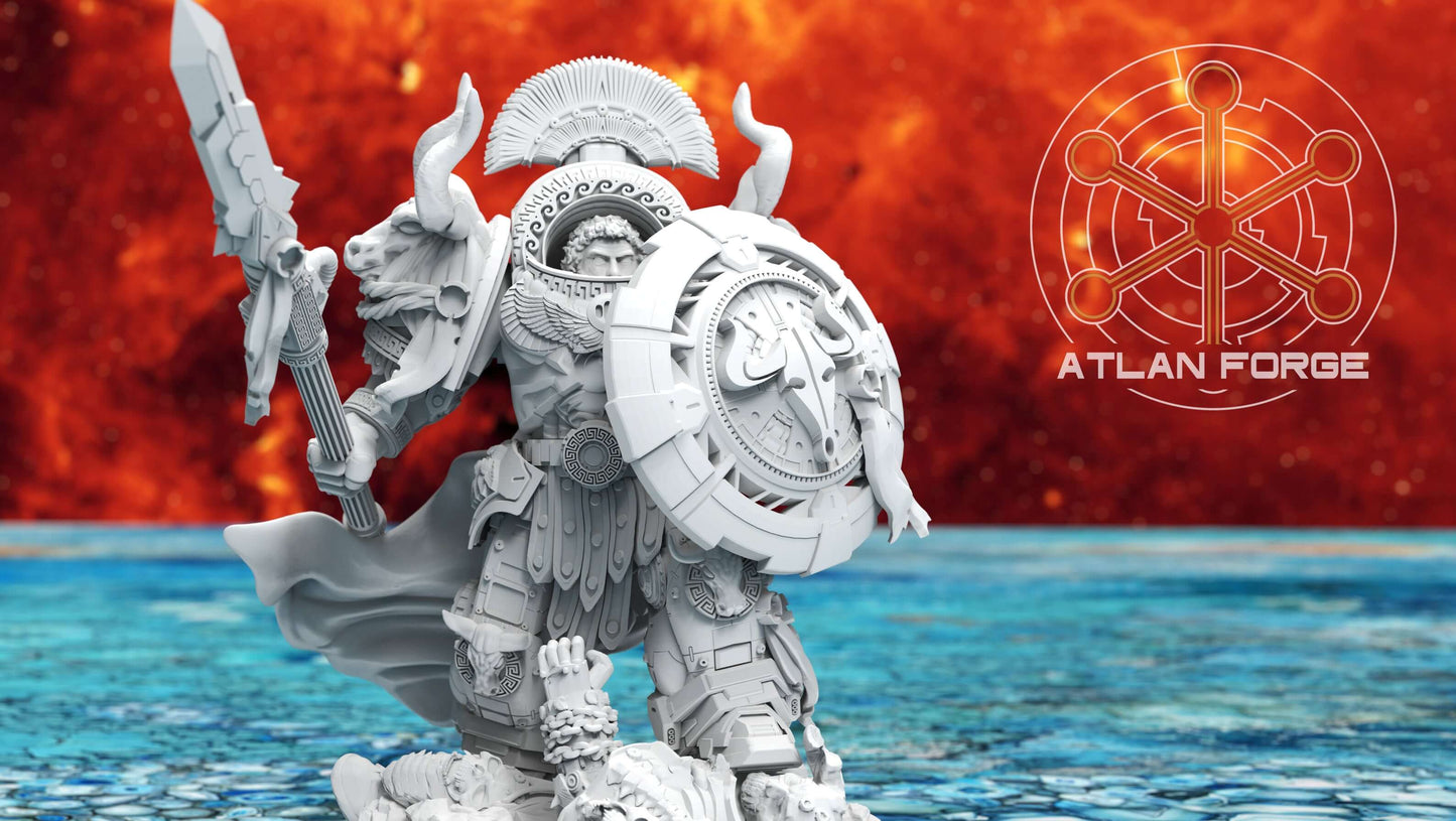 Minoan Myrmidon Captain – 32mm sci-fi warrior resin miniature with axe-spear and ornate shield