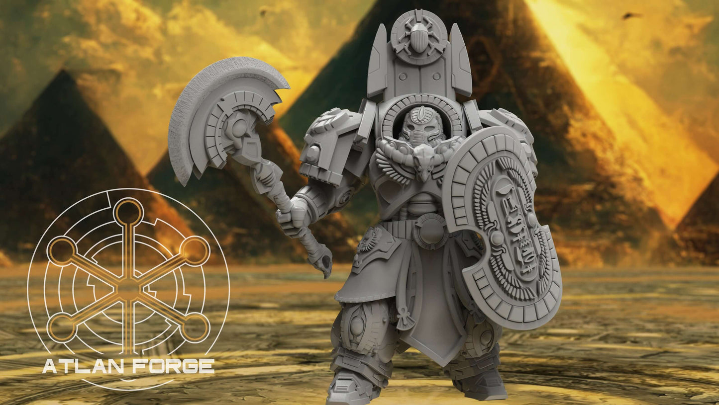 Aegyptus Assault Nehebkau wargaming miniature by Atlan Forge, 32mm scale, in grey resin with intricate armor and weapon.