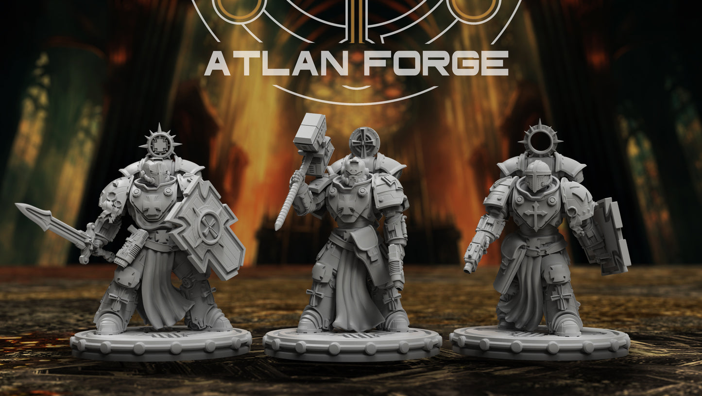 Three Templar Veterans miniatures in knightly armor, armed with weapons, designed for sci-fi tabletop gaming.