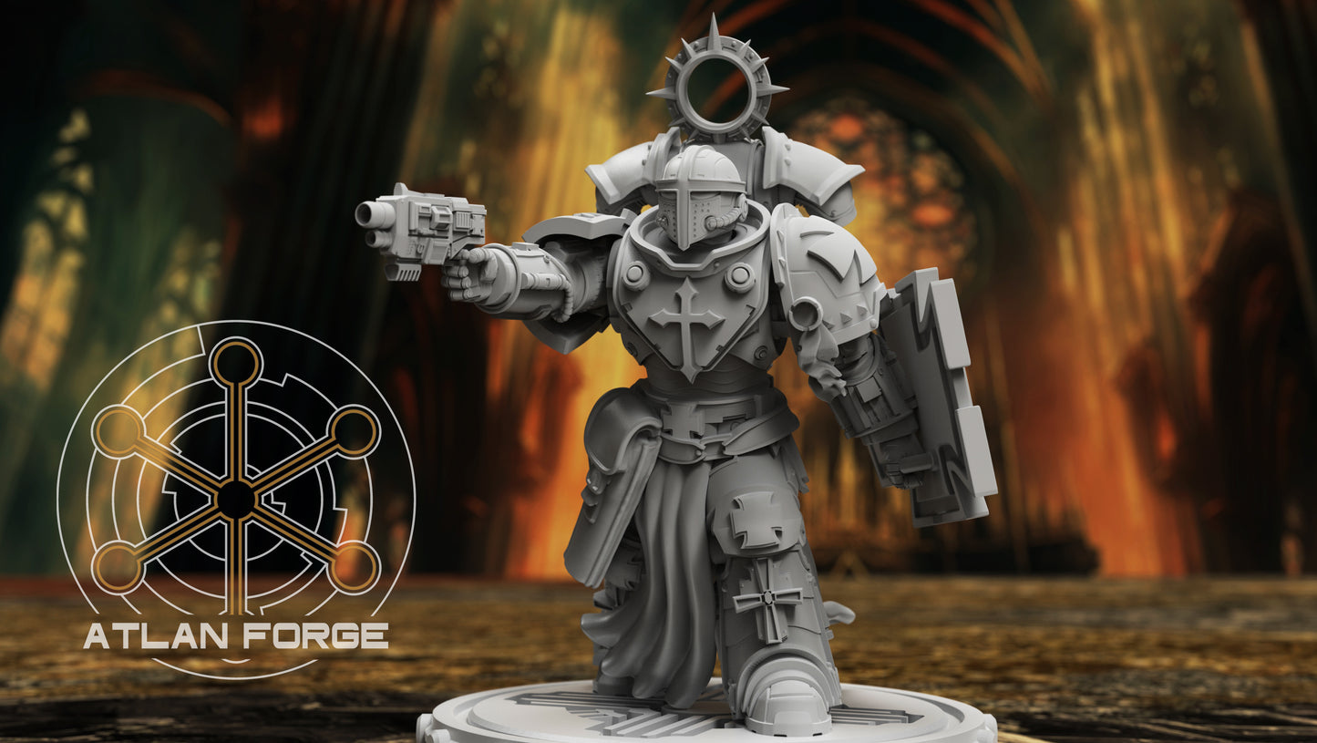 Three Templar Veterans miniatures in knightly armor, armed with weapons, designed for sci-fi tabletop gaming.