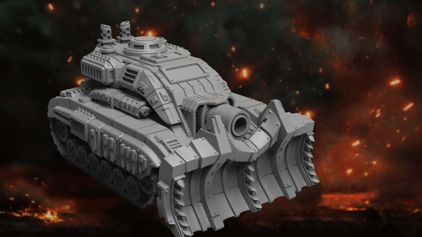 Glyptodon Heavy Assault Vehicle miniature by Atlan Forge featuring armored hull and reinforced dozer blade.