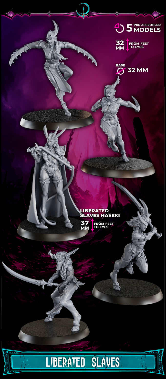 Five 32/37 mm Sci-Fi female miniatures from DakkaDakka, representing the Liberated Slaves Squad with unique weapons.