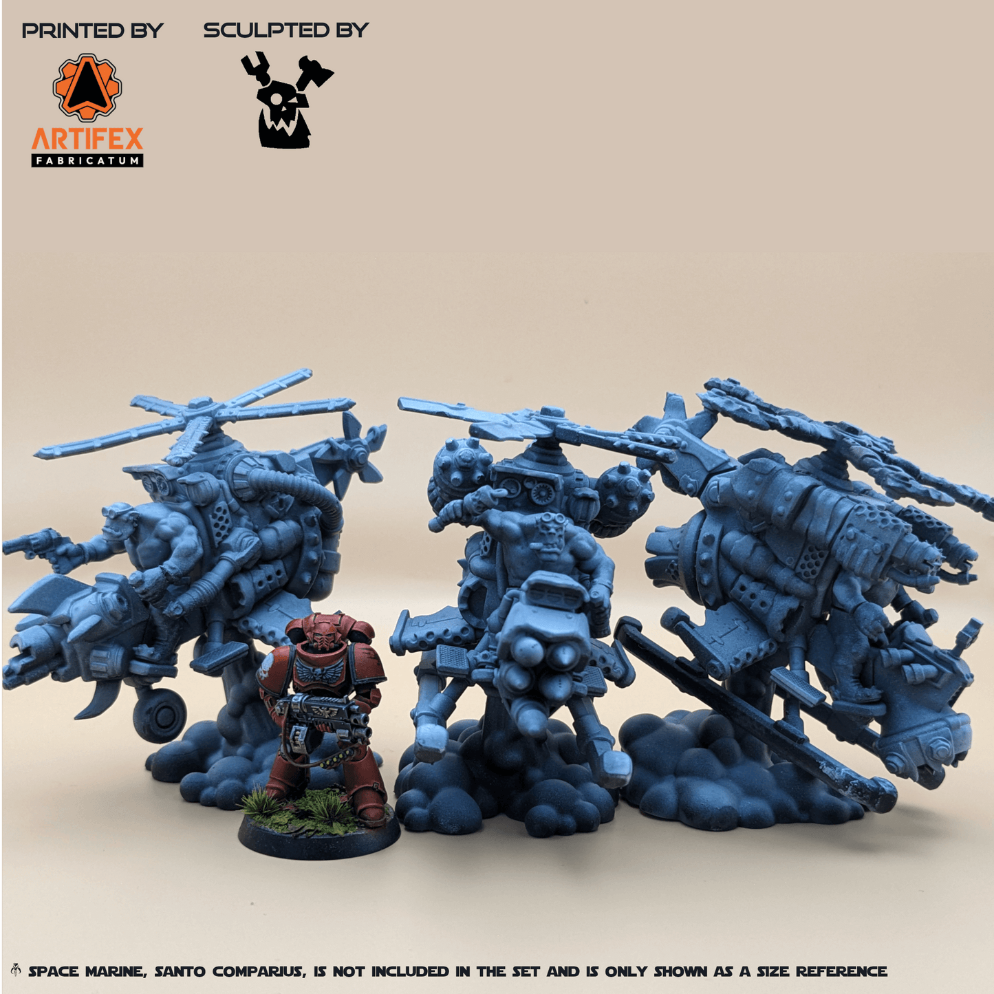 Resin kit of the Chonky Flyaz – a greenskin flying warband featuring a helicopter-like flyer, roaring engines, and a brutish pilot in dynamic pose.