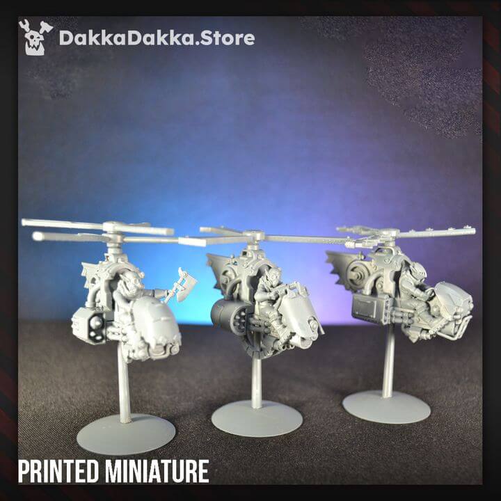 Three Gorgworks Copters printed miniatures in grey resin, perfect for sci-fi tabletop wargaming. Sturdy and detailed design.