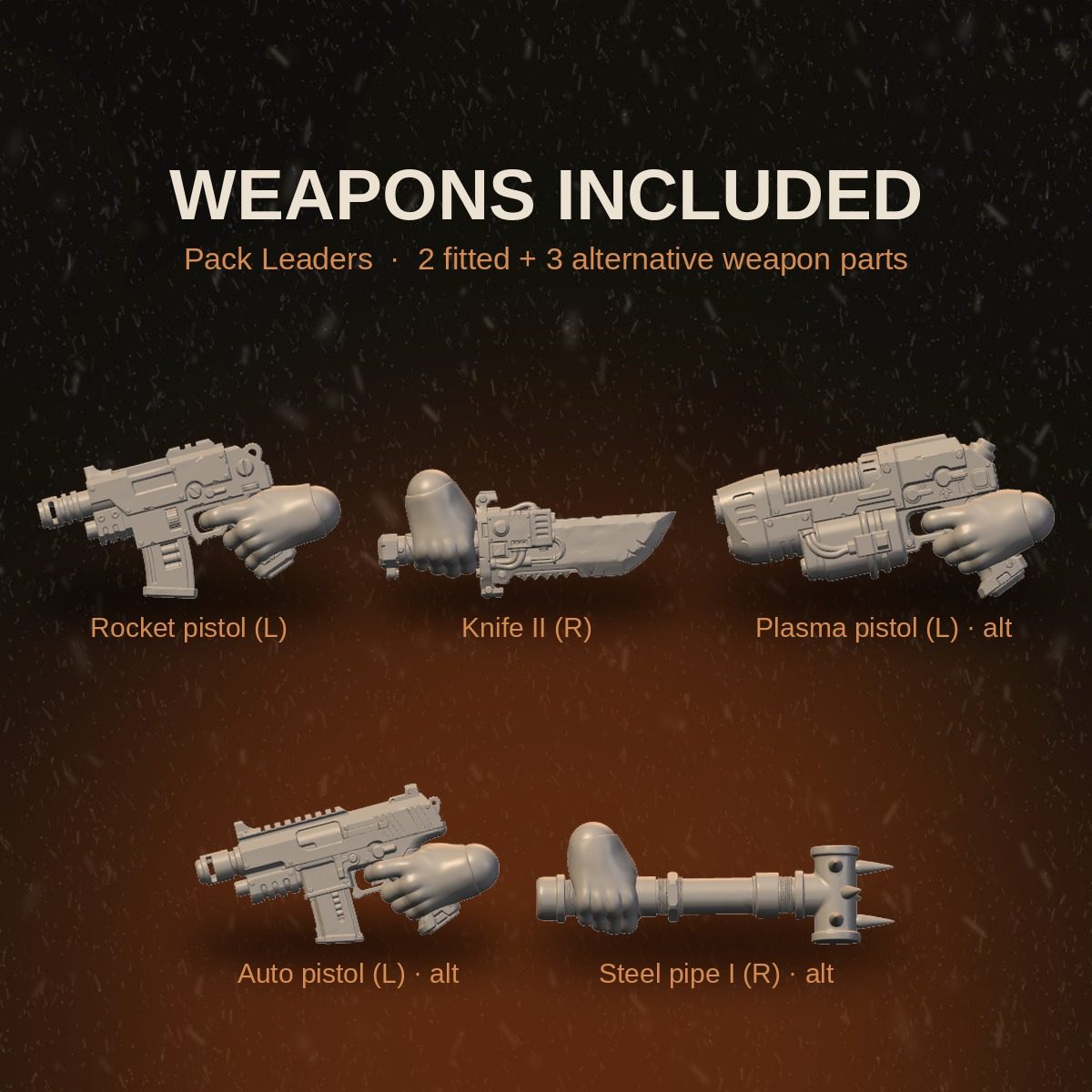 Flat lay of all five included weapon parts: rocket pistol, knife, plasma pistol, auto pistol, and steel pipe